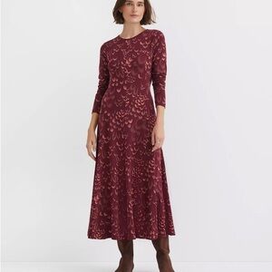 LOFT Burgundy Plume Godet Maxi Dress - Patterned Long Sleeve Dress